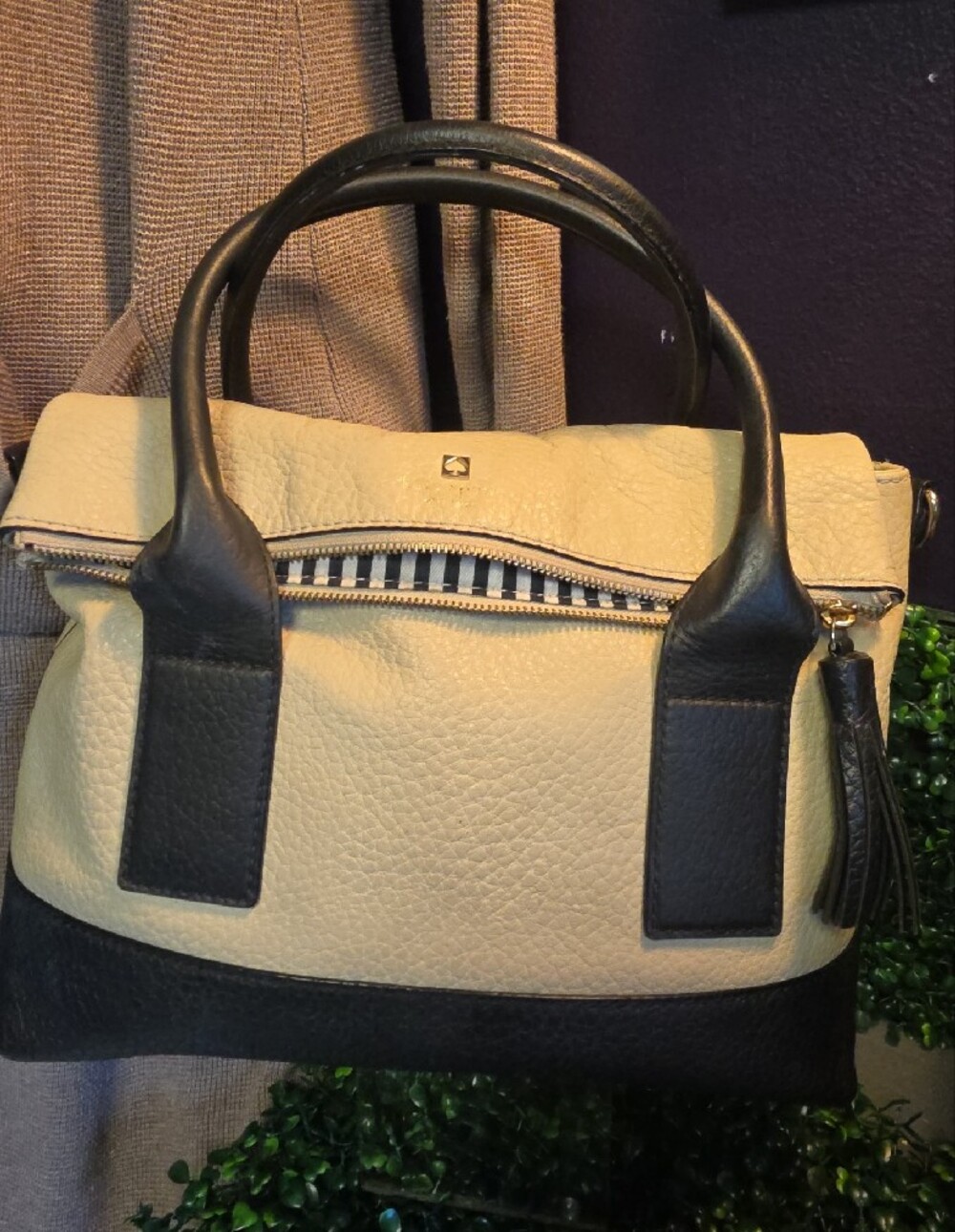 Buttermilk & Black Foldover Leather Southport Avenue Carmen Satchel- Kate Spade